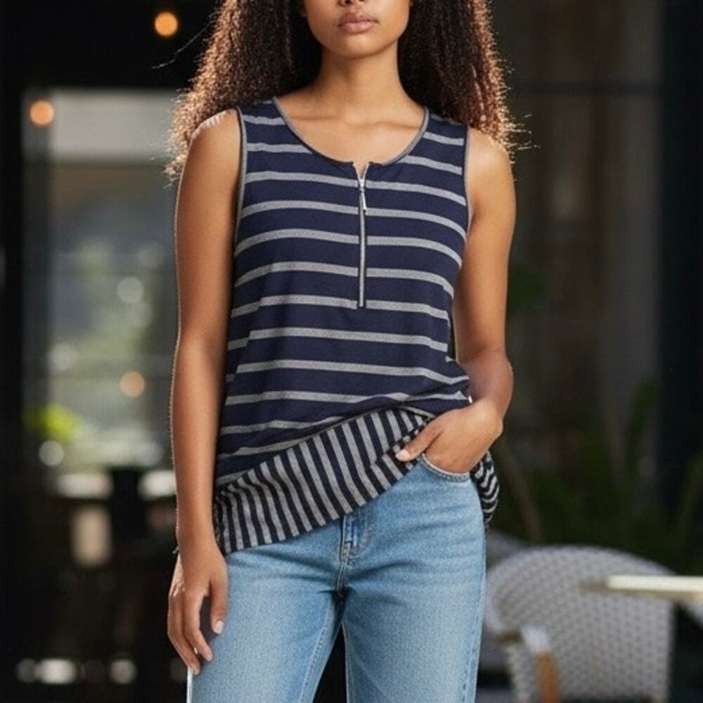 Ava James Navy and White Striped Zip-up Neckline Shark-bite Hem Tank Top L
